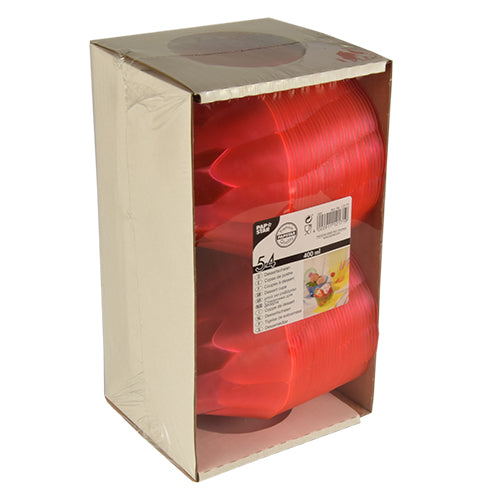 Un pachet cu 54 de boluri roz pentru desert Starpak (PS, 400 ml, Ø 12 cm × 7 cm) este prezentat vertical. Cutia parțial transparentă arată bolurile stivuite și are o etichetă cu detalii despre produs și o imagine a bolurilor în utilizare.