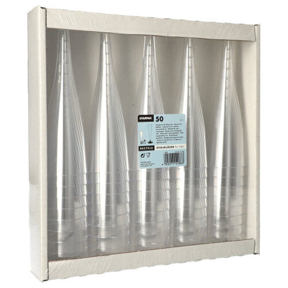 Un pachet cu 50 de pahare Starpak pentru șampanie (PS, 0,1 l, Ø 5 cm, 17,5 cm) este prezentat într-o tavă de carton cu față transparentă și etichetă centrală vizibilă în design clar ca sticla.
