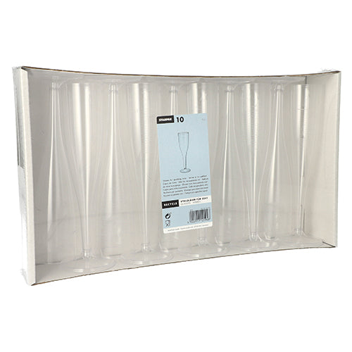 Paharele Starpak 10 cu picior pentru șampanie (0,1 l, transparente, dintr-o singură bucată) sunt prezentate vertical într-un suport de carton transparent cu etichetă centrală a produsului – perfect pentru o degustare stilată a șampaniei. Cutia conține 10 pahare elegante din plastic PS.