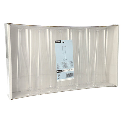 Paharele Starpak 10 cu picior pentru șampanie (0,1 l, transparente, dintr-o singură bucată) sunt prezentate vertical într-un suport de carton transparent cu etichetă centrală a produsului – perfect pentru o degustare stilată a șampaniei. Cutia conține 10 pahare elegante din plastic PS.