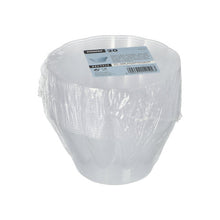 Un teanc de 20 de boluri transparente rotunde Starpak PS pentru desert (400 ml, Ø 12 cm, 7 cm) este înfășurat în folie de plastic și așezat pe o tavă de carton cu imprimare de marcă. Fundalul este simplu alb.