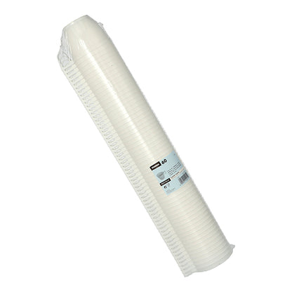 Este prezentat un teanc de 60 de cești de cafea Starpak albe (PS, 0,18 l, Ø7,8 cm, 6 cm) împachetate în folie termocontractibilă cu o etichetă de produs, pe care sunt afișate detalii și cantitatea pe un fundal alb.