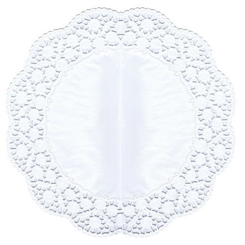 Dantela de tort PAPSTAR rotundă Ø 36 cm în alb, ideală pentru torturi și prăjituri, are o parte centrală fermă și o bordură delicată, ondulată. Setul conține 6 bucăți și este prezentat plat pe un fundal alb.