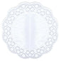 Dantela de tort PAPSTAR rotundă Ø 36 cm în alb, ideală pentru torturi și prăjituri, are o parte centrală fermă și o bordură delicată, ondulată. Setul conține 6 bucăți și este prezentat plat pe un fundal alb.