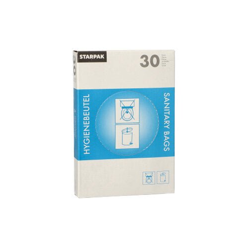 Cutia distribuitor Starpak conține 30 de pungi igienice albe (28,5 x 8 x 7 cm) cu ambalaj albastru-alb, inscripția „HYGIENEBEUTEL” și „SANITARY BAGS”, cu instrucțiuni și imagini de coș de gunoi pe partea din față.