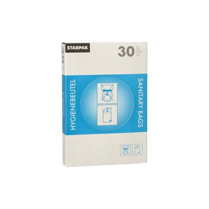 Cutia distribuitor Starpak conține 30 de pungi igienice albe (28,5 x 8 x 7 cm) cu ambalaj albastru-alb, inscripția „HYGIENEBEUTEL” și „SANITARY BAGS”, cu instrucțiuni și imagini de coș de gunoi pe partea din față.