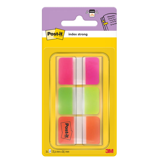 Eine Packung 3M Post-it® Index Strong Ablagetabs von 3M Deutschland GmbH enthält 36 Haftstreifen (25,4 mm x 38,1 mm) in den Farben rosa und grün, die in einem Spender pro Packung geliefert werden.