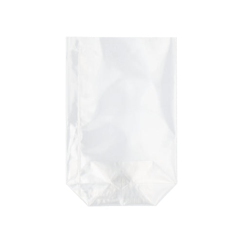 Sac de podea Starpak 300 din PP transparent stă în poziție verticală cu fund plat pe un fundal alb.