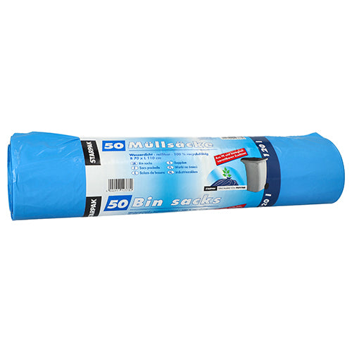 Un sul cu 50 de saci de gunoi albaștri din Starpak HDPE (120 l, 110 x 70 cm) cu o etichetă în germană și engleză („50 saci de gunoi”, „50 Bin sacks”), o imagine a unei pubele și informații despre aditivi biodegradabili.