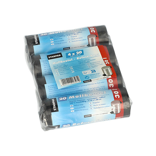 Patru role de saci de gunoi Starpak 80, 30 l saci de gunoi LDPE gri (60 cm x 50 cm, 80 bucăți) în ambalaj transparent cu etichete multilingve albastre și roșii și o imagine cu coș de gunoi pe partea din față.