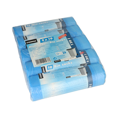 Eine Packung mit 50 Starpak HDPE Müllsäcken mit Kordelzug, 120L (100x70cm), blau, in Schrumpffolie verpackt. Die Verpackung enthält Produktdetails und Gebrauchshinweise.