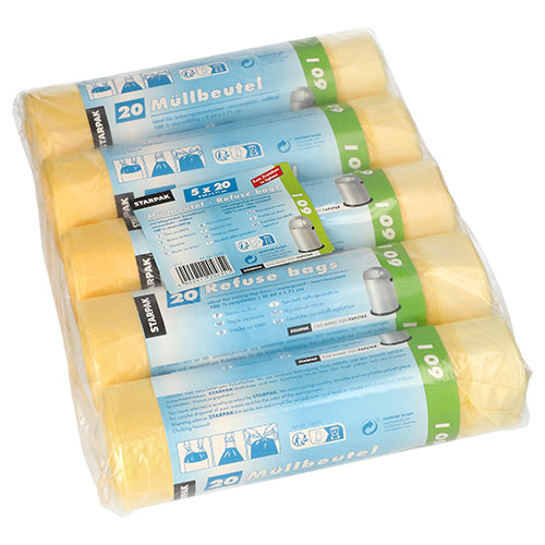 Un pachet Starpak învelit în plastic conține 100 de saci de gunoi galbeni cu bandă de tragere (HDPE, 60 l, 71 x 64 cm), împărțiți în cinci role a câte 20 de saci fiecare. Etichetele conțin instrucțiuni și detalii despre produs în mai multe limbi pentru o utilizare ușoară și stabilitate.