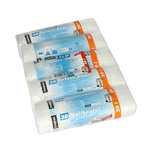 Patru role de saci de gunoi Starpak 150 cu bandă de tragere, HDPE 20L (55x48cm) transparent, sunt stivuite una peste alta. Eticheta albastru-alb a fiecărei role arată „150 de bucăți“, imagini cu coșuri de gunoi, instrucțiuni de utilizare și indică eliminarea igienică a deșeurilor.