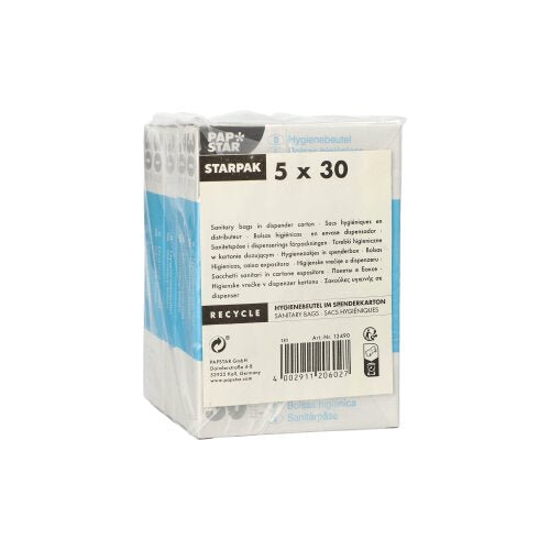 O cutie Starpak 150 de pungi igienice (28,5 x 8 x 7 cm, alb, în cutie distribuitoare, 150 de bucăți). Ambalajul conține informații despre produs și indicații de reciclare în mai multe limbi.