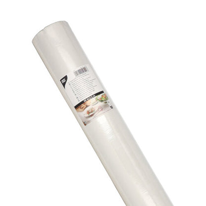 O rolă de față de masă de hârtie PAPSTAR cu embosare damasc 50 m x 1 m de la PAPSTAR GmbH, învelită cu o etichetă cu detalii despre produs, embosare damasc elegantă și imagini cu mese festive pentru ocazii speciale.