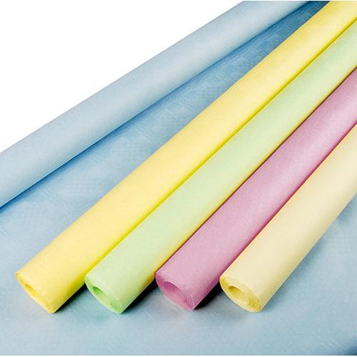 Patru role de față de masă din hârtie în culori pastel (galben, verde, roz, crem) sunt prezentate alături de o foaie albastră desfășurată. Fiecare rolă: 8 m x 1 m. Perfect pentru decorațiuni de masă elegante de la PAPSTAR GmbH.