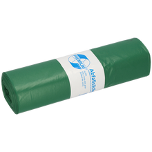 Eine Rolle DEISS 12703 Müllsäcke (575x1000 mm, Typ 60, grün, 25 Stück) von EMIL DEISS KG (GmbH + Co.) mit weiß-blauem Etikett und sauber umgeschlagenen Enden. Ideal für effizientes Abfallmanagement. Einfarbig weißer Hintergrund.