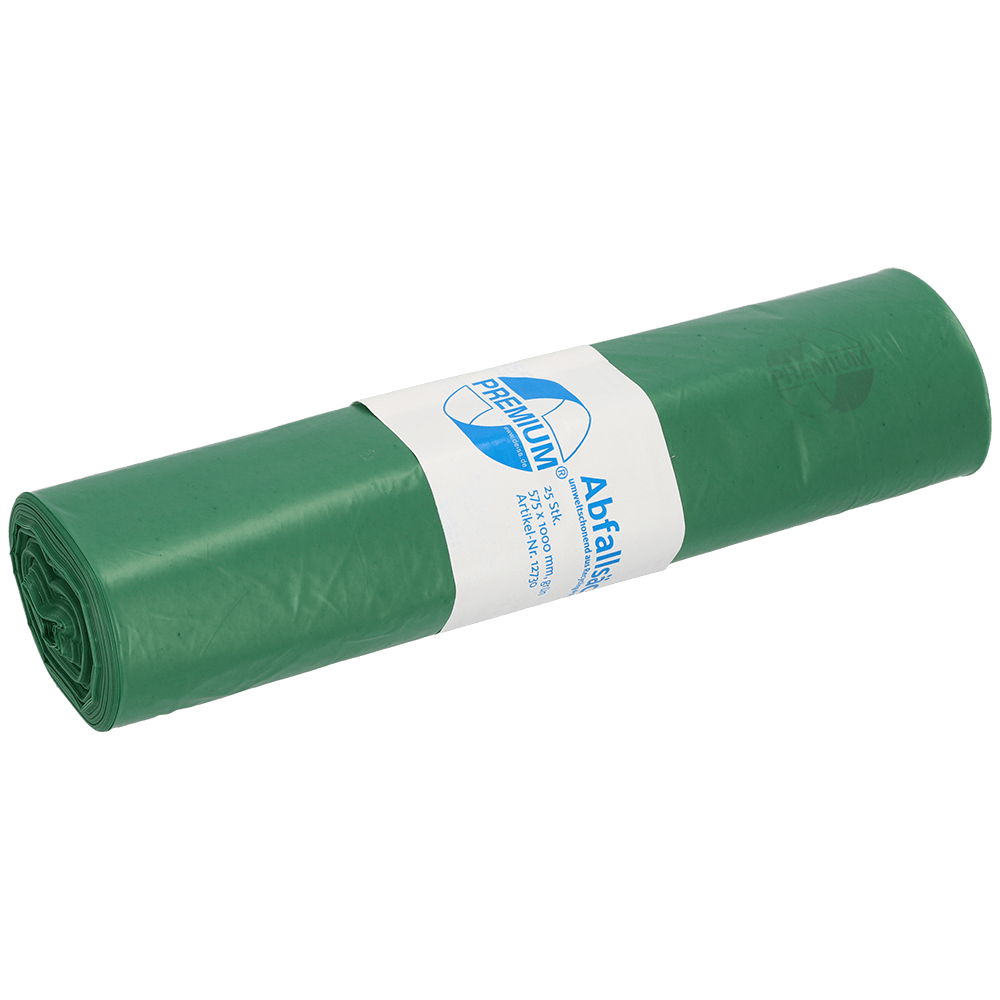 Un rolă de saci de gunoi din plastic verde DEISS 12730 (575x1000 mm, 25 de bucăți) de la EMIL DEISS KG (GmbH + Co.), cu o etichetă alb-albastră cu text, logo și informații despre produs, care este înfășurată la mijloc.