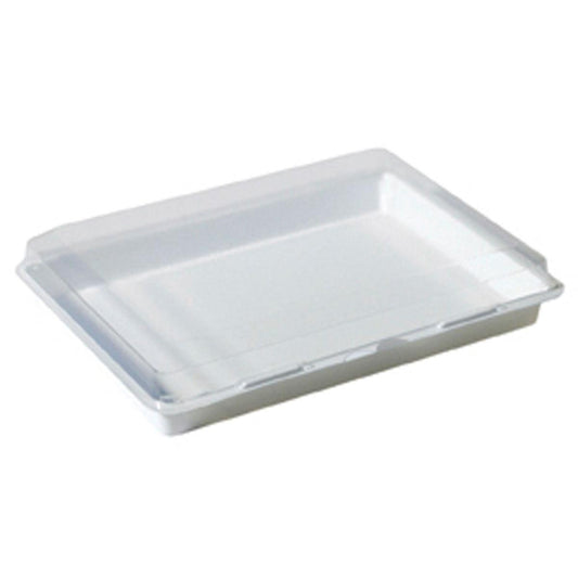 Die Duni GmbH Lunchbox Weiß Transparent (338x250x63 mm) ist ein klares, rechteckiges, flaches PS-Tablett mit erhöhtem Rand und flachem Boden, perfekt für die praktische Aufbewahrung. Abgebildet auf weißem Hintergrund. Packung mit 100 Stück.