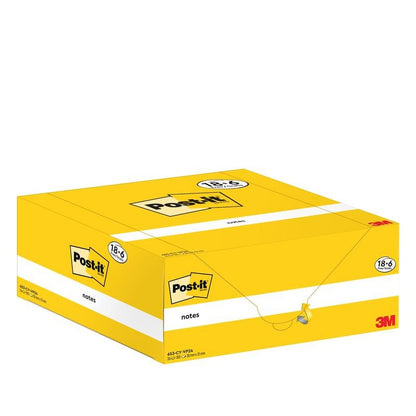 O cutie galbenă de Post-it® Notes de la 3M Deutschland GmbH conține 18 blocuri plus 6 blocuri gratuite (38 × 51 mm, 100 foi/bloc), într-un ambalaj de carton. Produsul este certificat PEFC (SGSCH-PEFC-COC-110078).
