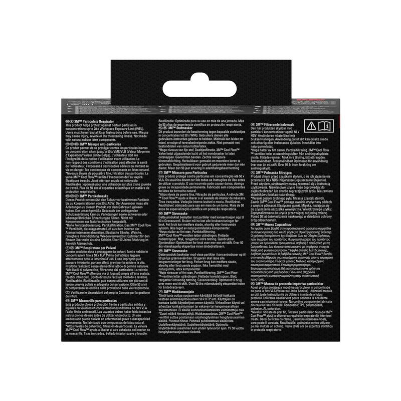 Masca de particule 3M™ Cool Flow™ 8822, FFP2, cu supapă de la 3M Deutschland GmbH vine într-un ambalaj negru cu instrucțiuni albe, multilingvistice, o agățătoare în partea de sus și două simboluri de avertizare cu margine roșie în colțul din dreapta sus.
