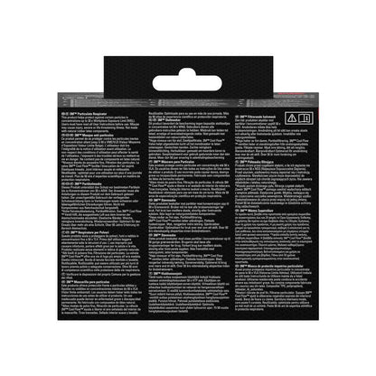 Masca de particule 3M™ Cool Flow™ 8822, FFP2, cu supapă de la 3M Deutschland GmbH vine într-un ambalaj negru cu instrucțiuni albe, multilingvistice, o agățătoare în partea de sus și două simboluri de avertizare cu margine roșie în colțul din dreapta sus.