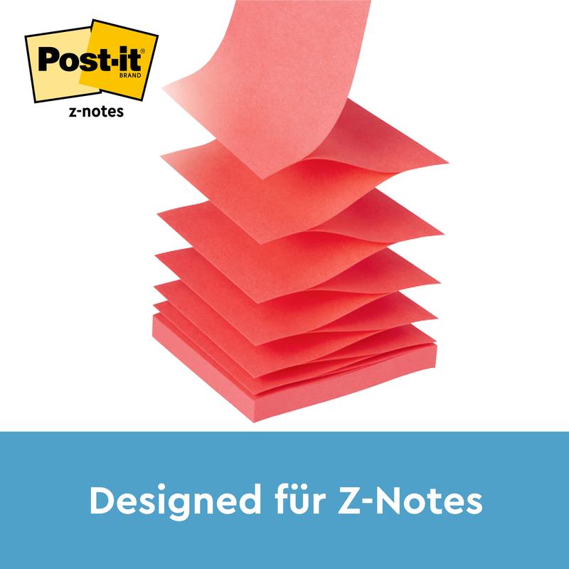 Un teanc de Z-Notes galbene Super Sticky Post-it® (76 x 76 mm, 90 foi), ilustrat într-un distribuitor PRO negru de la 3M Deutschland GmbH. Logo-ul Post-it® apare în stânga sus, iar "Proiectat pentru Z-Notes" este scris jos pe un fundal albastru.
