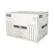 O cutie albă Starpak cu inscripția „Starpak 120 lumânări de uz casnic cu orificiu pentru suport Ø 2,45 cm · 20 cm alb” conține 120 de lumânări lungi de uz casnic, este prevăzută cu text negru, desene cu lumânări, orificiu pentru suport și dimensiuni ale produsului.