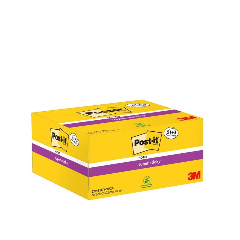 O cutie galbenă Post-it® Super Sticky Notes (3M Deutschland GmbH), 21 de blocuri plus 3 blocuri gratuite, câte 90 de foi, 47,6 mm x 47,6 mm, certificat PEFC (100%), cu logo și informații despre produs cu accente violet pe față și spate.