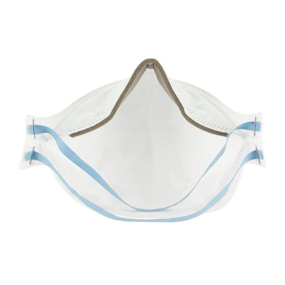 Masca de particule confort 3M™ Aura™ 9320+, FFP2, fără supapă (1 bucată, 3M Deutschland GmbH) este o mască de față albă de unică folosință cu benzi albastre pentru urechi, prezentată din față pentru a arăta suprafața și structura sa interioară.