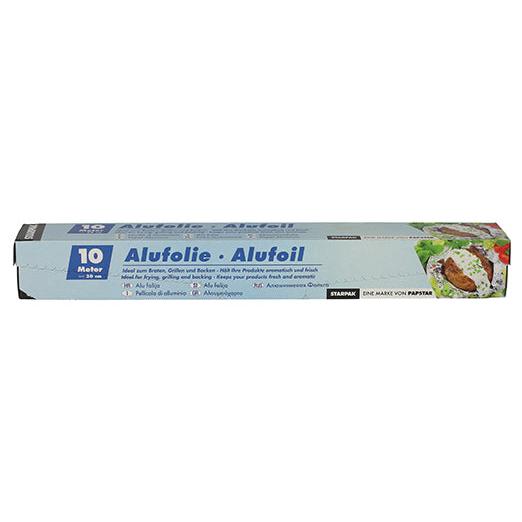 Folia de aluminiu Starpak în cutie pliabilă este o cutie dreptunghiulară de 10 metri lungime cu inscripția „Alufolie · Alufoil”. Are un design albastru deschis cu text alb și albastru închis, imagini alimentare pe partea dreaptă și arată aplicații versatile.