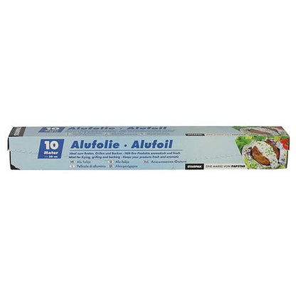Folia de aluminiu Starpak în cutie pliabilă este o cutie dreptunghiulară de 10 metri lungime cu inscripția „Alufolie · Alufoil”. Are un design albastru deschis cu text alb și albastru închis, imagini alimentare pe partea dreaptă și arată aplicații versatile.
