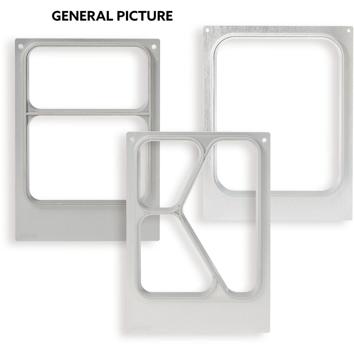 Trei cadre dreptunghiulare cu împărțiri diferite amintesc de designul ordonat al casetei Duni GmbH pentru tava APET de 1150 ml - Ideal pentru ambalarea alimentelor (1 bucată). Sus este scris "GENERAL PICTURE" pe un fundal alb.