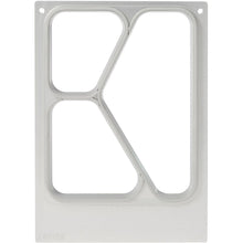 Die Kassette DF10/20 für CPET Schalen der Duni GmbH ist eine rechteckige Metallplatte zur Aufbewahrung und zum Transport. Sie verfügt über drei Ausschnitte - eine große diagonale Linie und zwei abgerundete Rechtecke - mit vier Ecklöchern auf weißem Hintergrund.