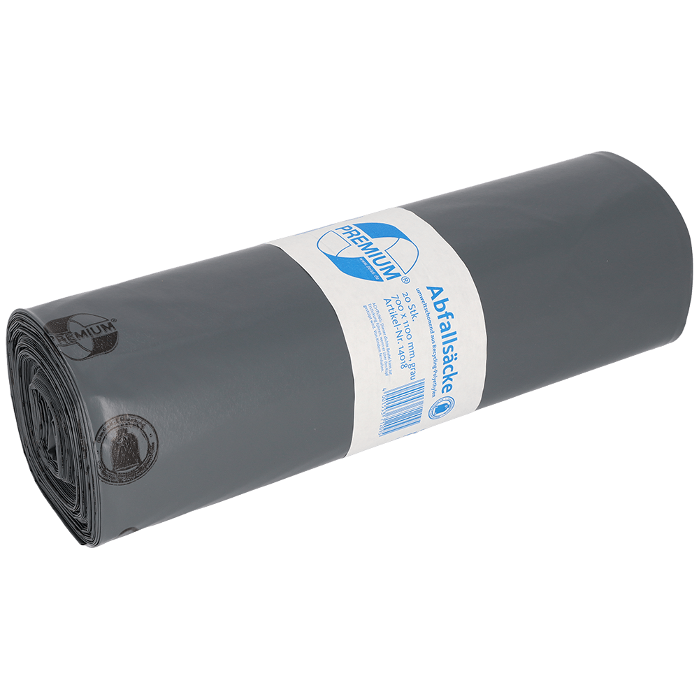 Un rolă EMIL DEISS KG (GmbH + Co.) DEISS 14018 saci de gunoi gri (700x1100x0,1 mm, 20 bucăți) este ambalată curat cu o etichetă alb-albastră cu text și cod de bare pe un fundal alb.