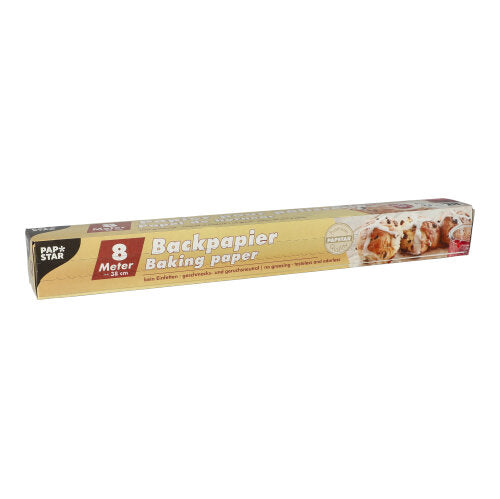 Das PAPSTAR Backpapier 38 cm Breite braun in Faltschachtel der PAPSTAR GmbH kommt in einer rechteckigen Schachtel mit mehrsprachigem Text und einer Antihaft-Oberfläche – perfekt zum umweltfreundlichen Backen.