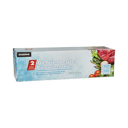 O cutie dreptunghiulară Starpak conține 90 de pungi de congelator transparente de 2 litri LLDPE (30 x 20 cm) cu text în germană și olandeză, precum și imagini cu legume și carne într-o cutie pliabilă.