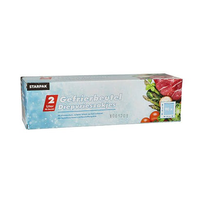 O cutie dreptunghiulară Starpak conține 90 de pungi de congelator transparente de 2 litri LLDPE (30 x 20 cm) cu text în germană și olandeză, precum și imagini cu legume și carne într-o cutie pliabilă.