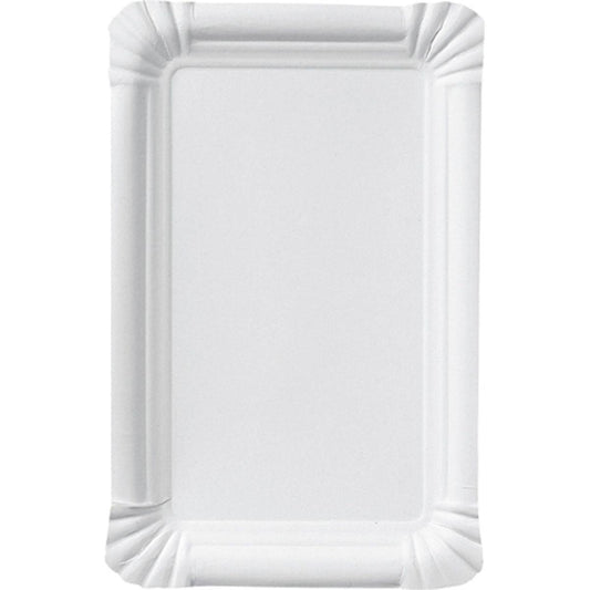 Ein schlichter, rechteckiger Wurstteller 13x20 cm aus Pappe von Duni GmbH mit weißem Papier und geriffeltem Rand liegt leer auf weißem Grund, hochkant ausgerichtet. Ideal für Catering, erhältlich im 250er Pack.