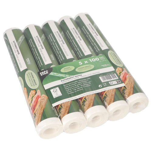 Hârtia pentru sandvișuri PAPSTAR, 25x30 cm, albă, vine într-un pachet cu 500 de foi ambalate în folie termocontractibilă de la PAPSTAR GmbH - ideală pentru ambalarea alimentelor.