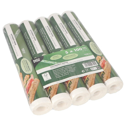 Hârtia pentru sandvișuri PAPSTAR, 25x30 cm, albă, vine într-un pachet cu 500 de foi ambalate în folie termocontractibilă de la PAPSTAR GmbH - ideală pentru ambalarea alimentelor.