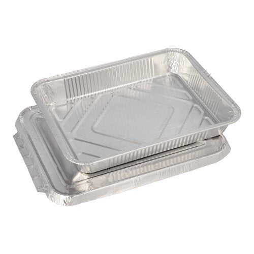 Două tăvi dreptunghiulare Starpak 50 pentru meniu + capace; tăvile din aluminiu de la Starpak sunt stivuite pe un fundal alb simplu. Fiecare tavă are margini ridicate și o suprafață ușor texturată, fiind ideală pentru servirea meniului în sectorul gastronomic.
