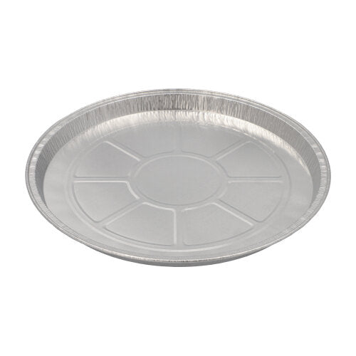 Starpak 25 Rundformen, Alu rund de la Starpak este o formă de tort rotundă de unică folosință din aluminiu cu centru neted și linii imprimate – perfectă pentru copt datorită conductivității termice excelente, ilustrată pe un fundal alb.
