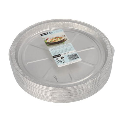 Un teanc de Starpak 25 Rundformen, forme rotunde de copt din aluminiu sunt împachetate în plastic și poartă o etichetă de produs deasupra cu o pizza și informații despre conductivitatea termică a articolului.