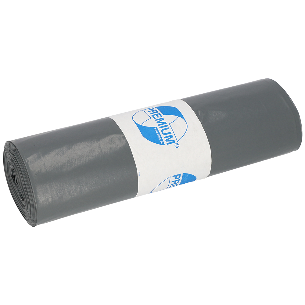 Abgebildet ist eine Rolle DEISS Müllsäcke 575x1000x0,05 mm aus Recycling-LDPE 70 l der EMIL DEISS KG (GmbH + Co.), umwickelt mit einem weißen Etikett mit blauem "PREMIUM"-Logo, vor weißem Hintergrund.