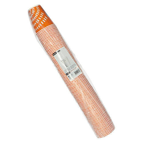 Un pachet cu 100 de pahare de unică folosință Starpak (pahare pentru băuturi reci), fiecare de 100 ml, cu dungi portocalii și albe, ambalate în plastic transparent cu o etichetă informativă despre produs în mijloc.