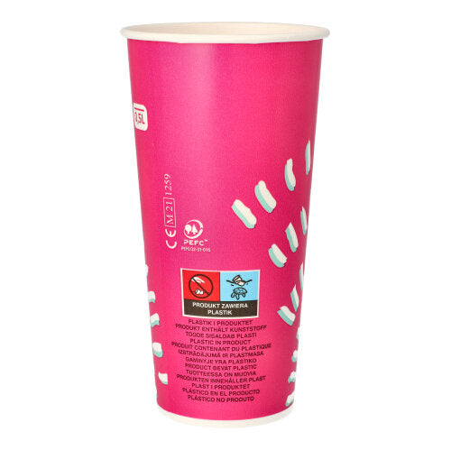 Paharele Starpak 50 pentru băuturi reci (0,5 l, roz, Ø 8,97 cm, 16,83 cm) din carton cu marcaje albe și text multilingv sunt ideale pentru petreceri; fiecare set conține 50 de pahare.