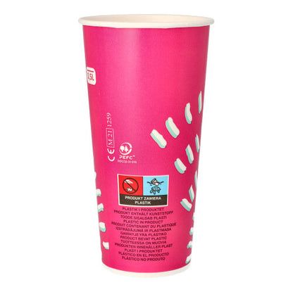 Paharele Starpak 50 pentru băuturi reci (0,5 l, roz, Ø 8,97 cm, 16,83 cm) din carton cu marcaje albe și text multilingv sunt ideale pentru petreceri; fiecare set conține 50 de pahare.
