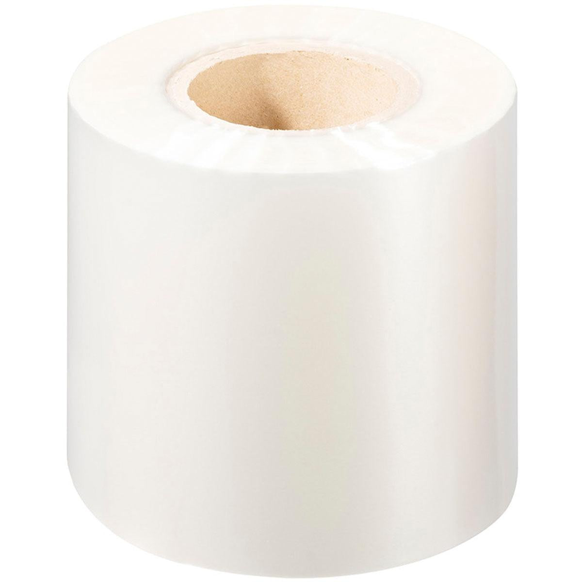 Eine Nahaufnahme einer einzelnen Rolle weißer PP-Siegelfolie Antifog der Duni GmbH mit braunem Kern, aufrecht stehend auf weißem Hintergrund - ideal für Lebensmittelverpackungen.