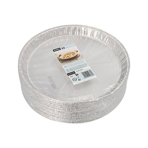 Un teanc de Starpak 25 Rundformen, Alu rund – forme de aluminiu rotunde de unică folosință cu margine ușor ridicată, etichetate cu o imagine alimentară, cantitatea (25) și coduri de bare pentru o conductivitate termică excelentă. Marcă: Starpak.